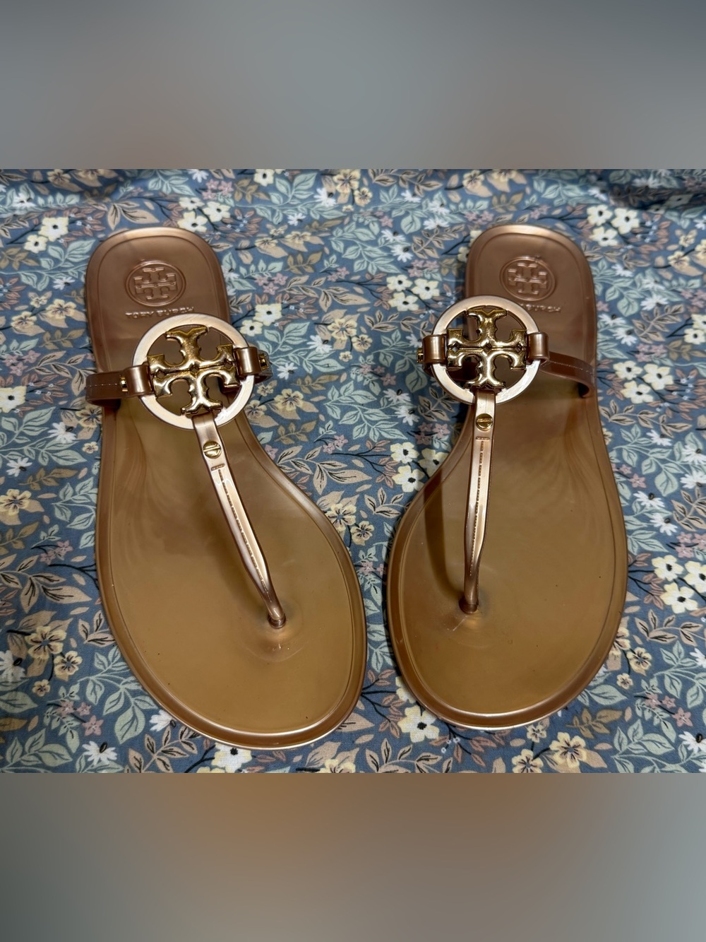 Tory Burch Rose Gold Metallic Logo Jelly Thong Sandals